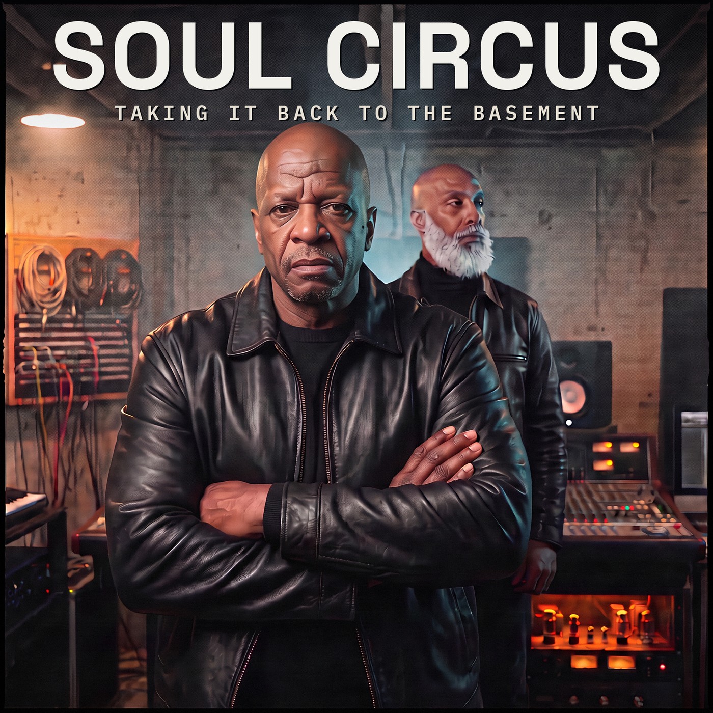 Soul Circus &mdash; Taking It Back to the Basement album cover: two producers in a cramped basement studio, one in a black leather jacket with arms folded, cool blue light across the console and tube amps behind them